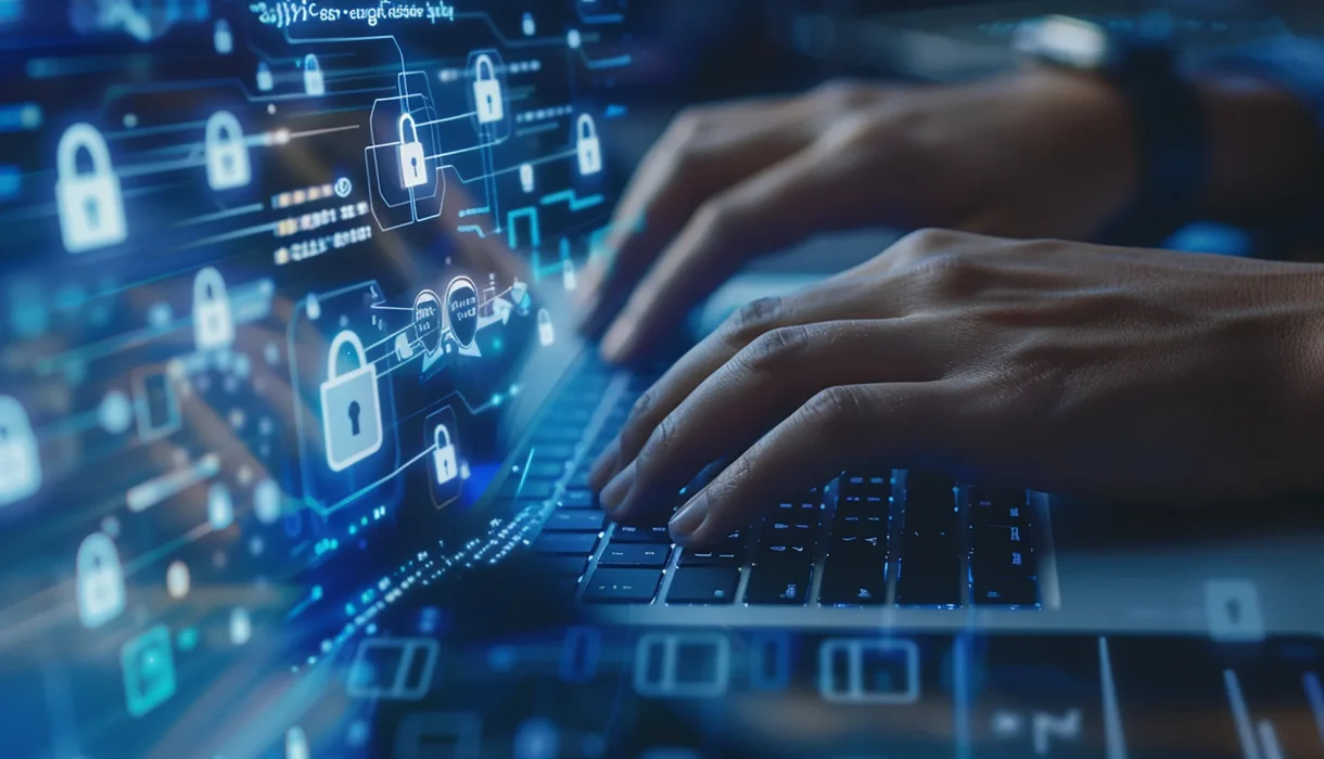Person typing on a keyboard with digital security graphics