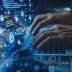 Person typing on a keyboard with digital security graphics