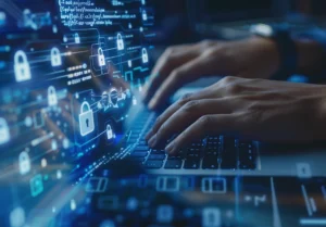 Person typing on a keyboard with digital security graphics