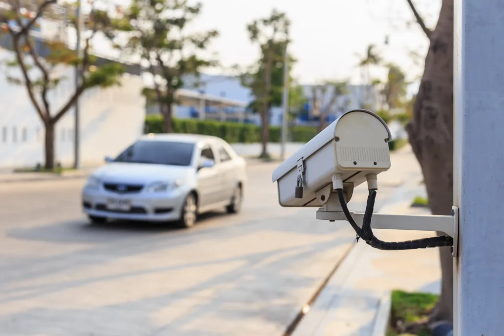 Security camera overlooking a road with passing car