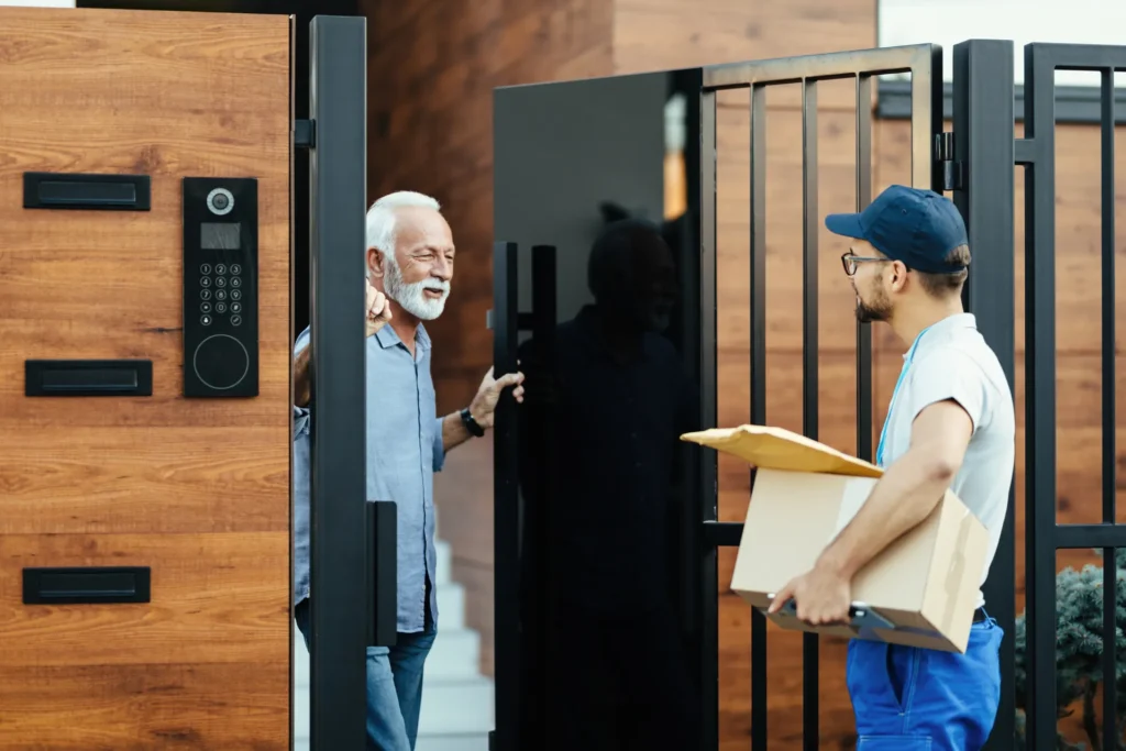Senior resident receiving a package delivery at home