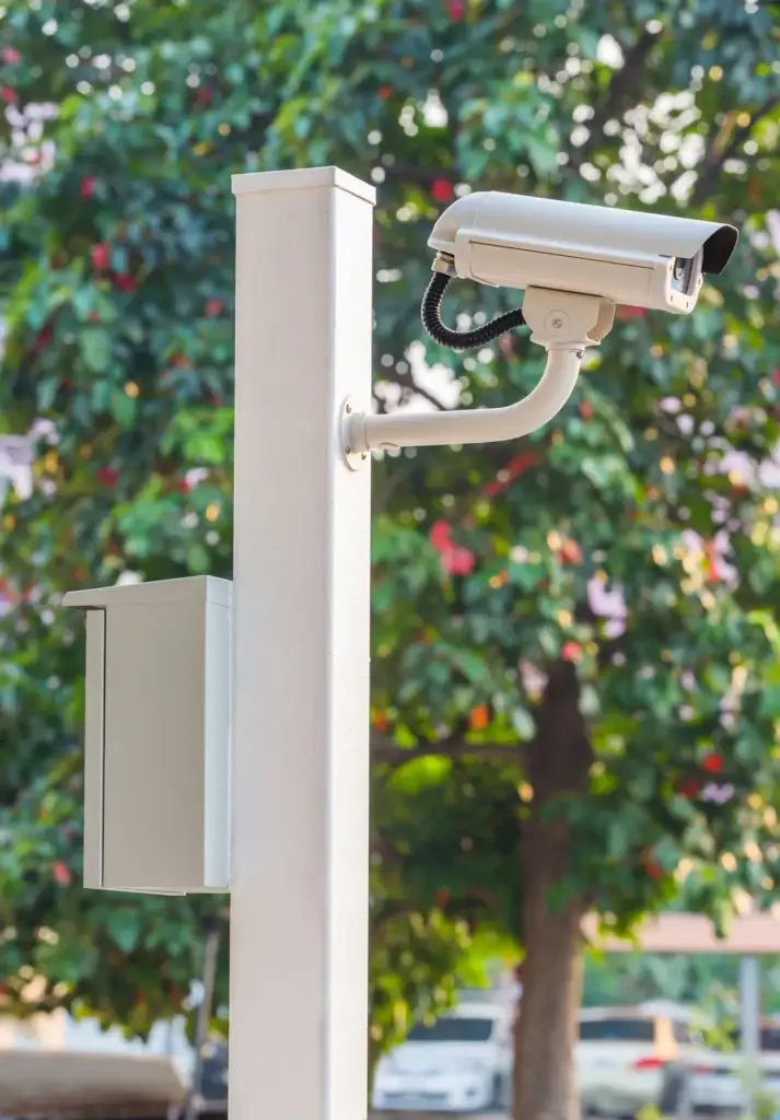 Security camera mounted on a pole