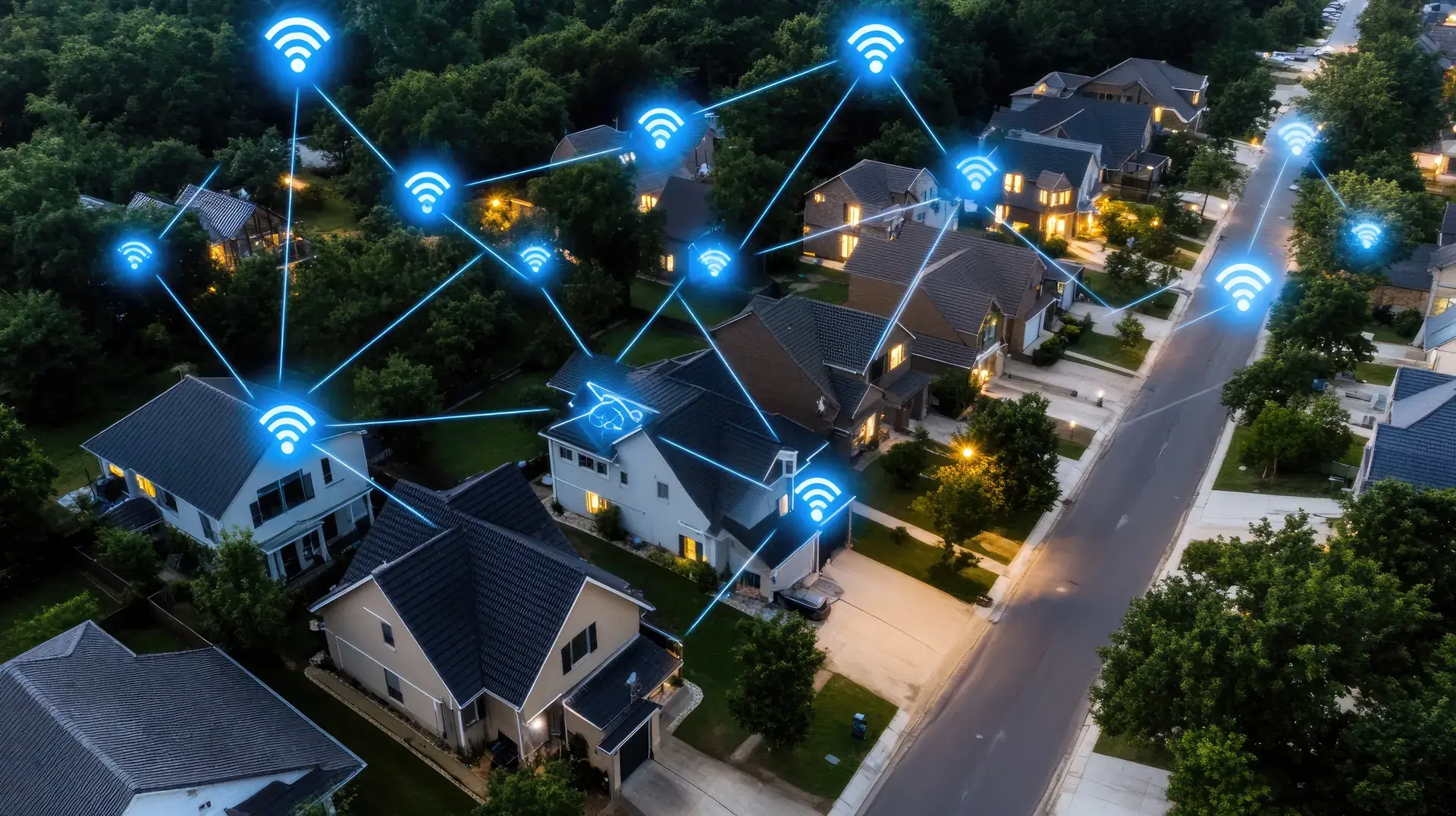 Aerial view of a residential community connected by wireless networks