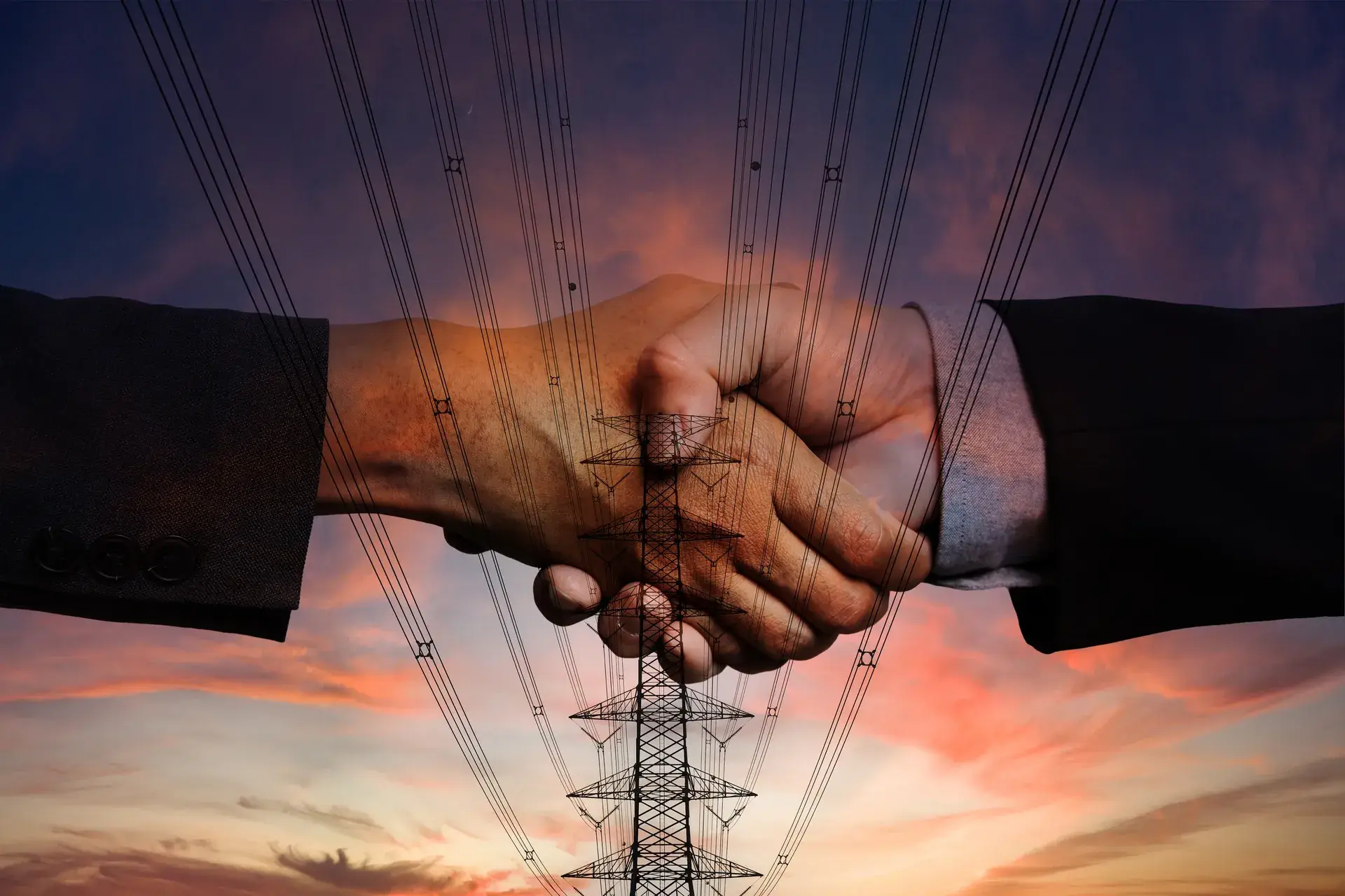 Handshake in front of power lines representing access agreements